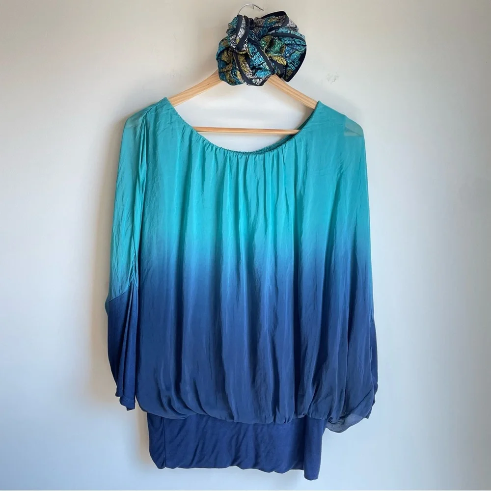 Womens Turquoise Navy Silk Blouse Top - Picture 2 of 16